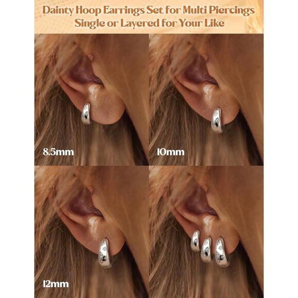 3Pairs Silver Huggie for Multiple Piercing Hypoallergenic Hoop Earrings Set - Picture 4 of 8